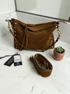 Rebecca Minkoff Tan Brown Suede Hobo Shoulder Bag Gold Hardware Milan Crossbody